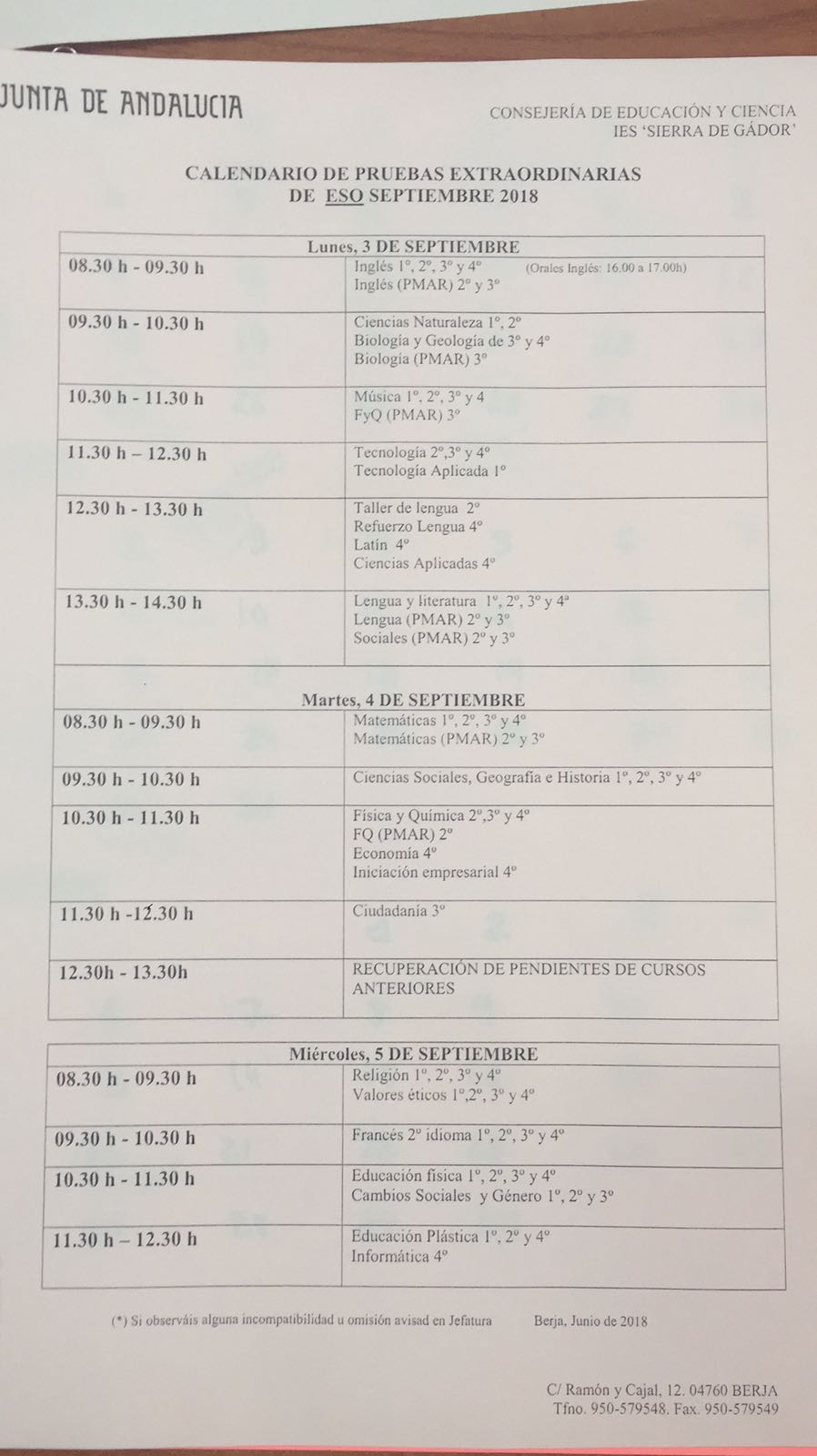 Calendario de examenes de septiembre 2018